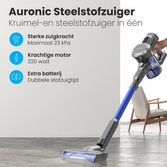 Aspirateur Balai - Auronic - Sans fil - Sans sac -Double batterie - Filtre HEPA lavable - 220 W  - Gris/Bleu