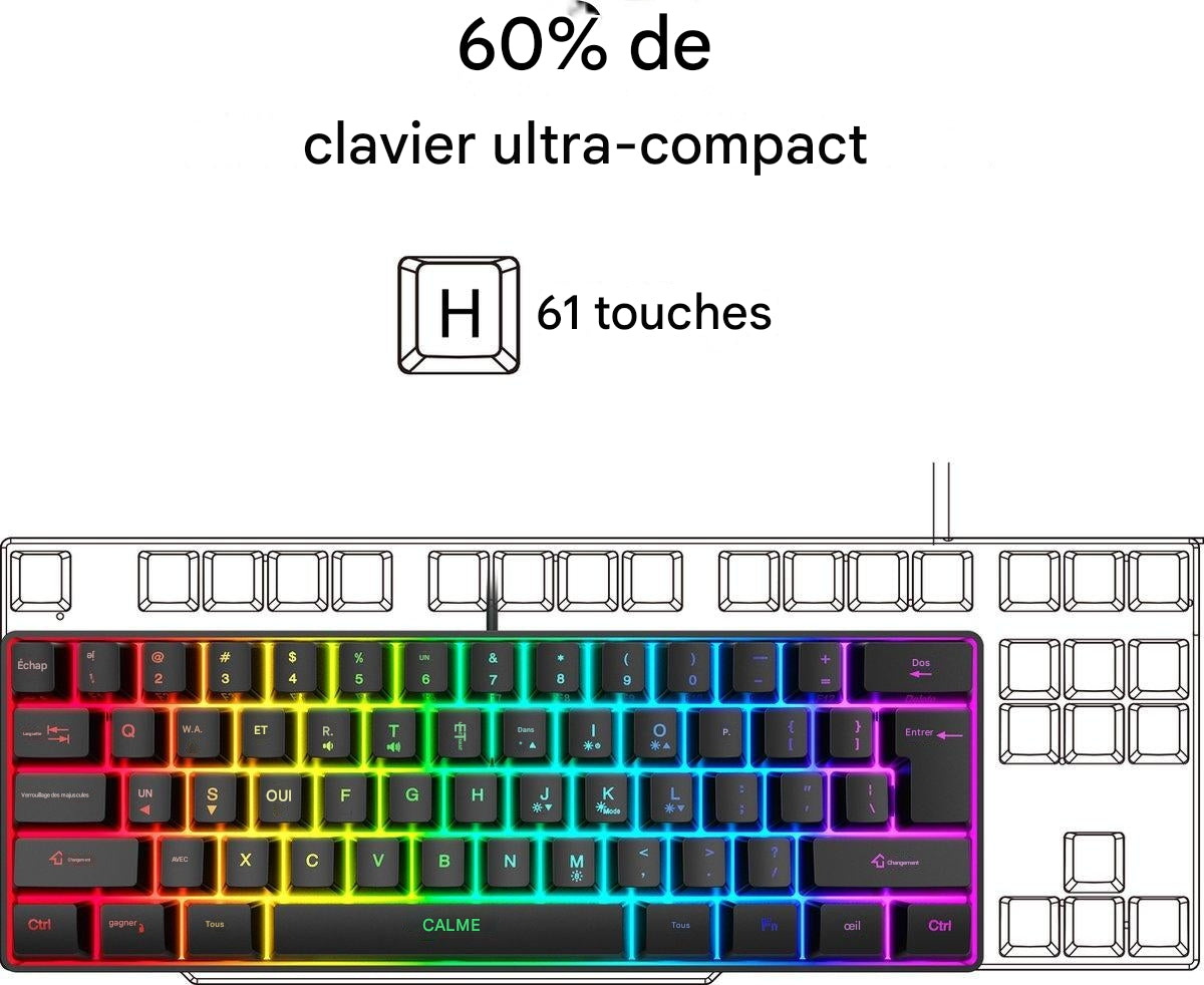 Clavier RGB HXSJ Gaming V700, 61 touches avec agencement Qwerty, LED, Noir