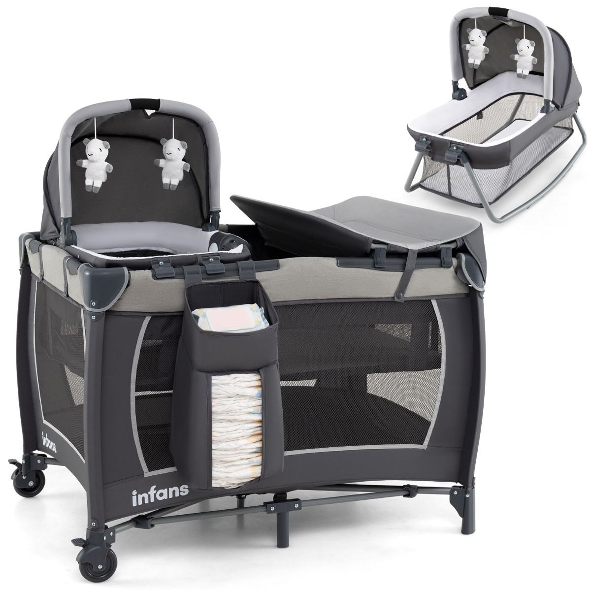 Lit de voyage 5-en-1 Coast pour bébés - Lit pliable avec table à langer et panier de rangement - Sac de transport inclus - Gris