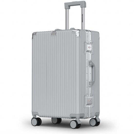 Valise de voyage TRVLMORE Premium, taille moyenne - 65 x 43 x 26 cm - Roulettes pivotantes à 360° - Double serrure à combinaison TSA - Polycarbonate - Sans fermeture éclair - 72 litres - Argent