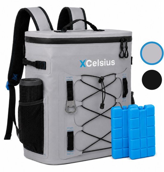 Sac à dos isotherme XCelsius® 20 litres – Sac à dos isotherme avec 2 blocs réfrigérants et un décapsuleur – Au moins 24 heures de fraîcheur – 100 % étanche – Sac à dos isotherme pour la plage, les festivals, le bateau et le camping – Gris