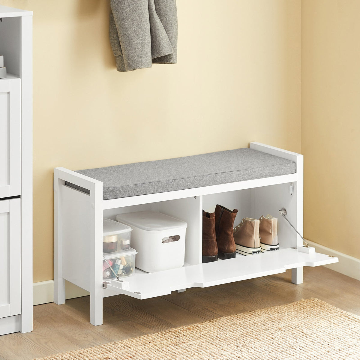 SoBuy Banc à chaussures avec 2 tiroirs - Max. 150 kg - 91 x 30 x 50 cm - Blanc/ Gris