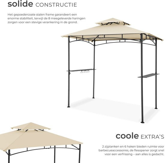 Pavillon barbecue tectake® - Abri pour barbecue - 240 x 150 x 250 cm - Pavillon de jardin - Résistant aux intempéries - Protection UV - Système à double toit - Gazebo avec crochets de suspension, grilles et décapsuleur - Pavillon de barbecue - Couleur sab