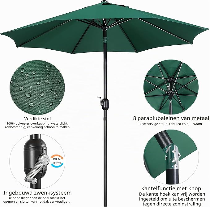 Parasol Yaheetech - Ø 270 cm - Inclinable - Avec manivelle - Vert foncé