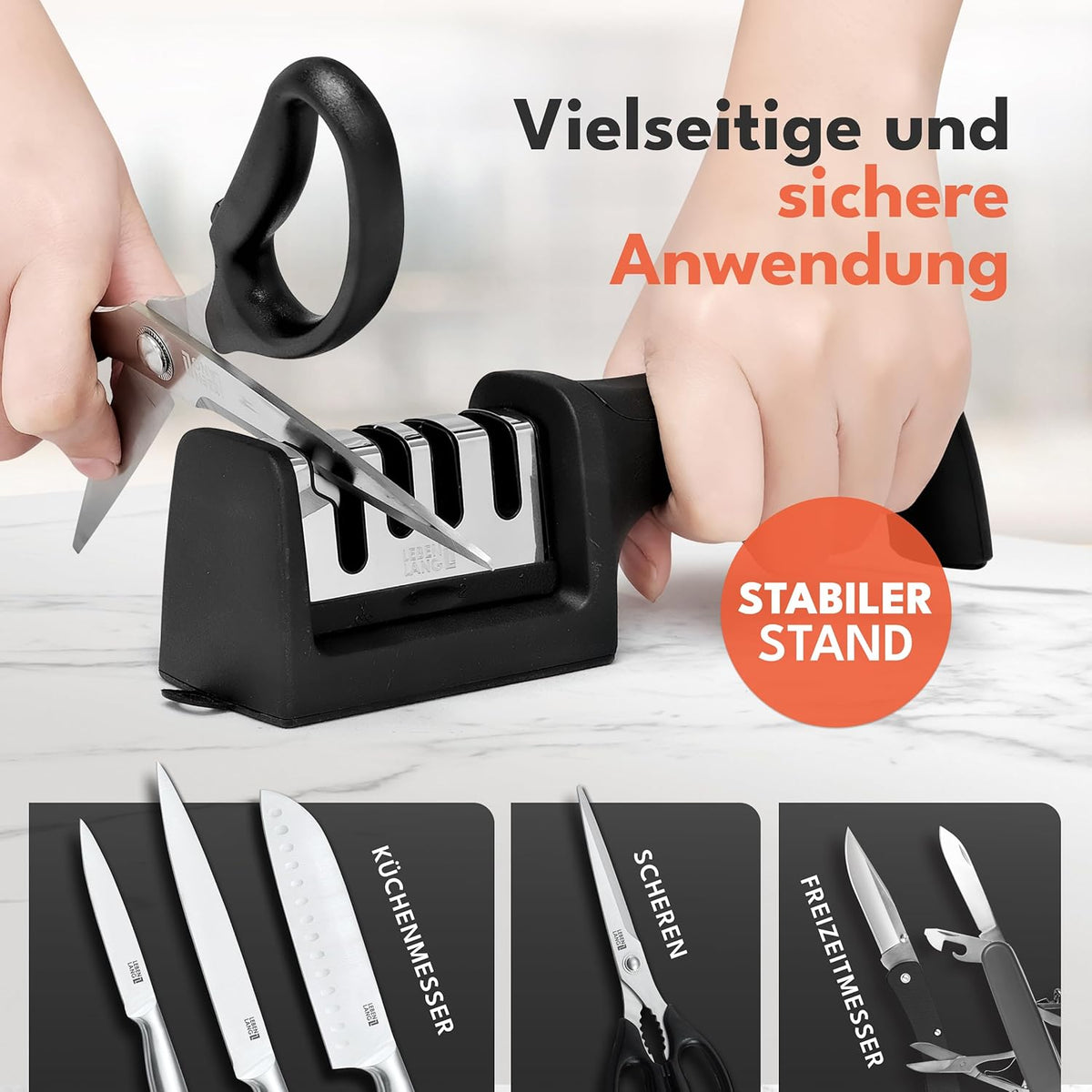 LEBENLANG Aiguiseur de couteaux - 4 niveaux - 22 x 6.5 x 5.5 cm - Noir
