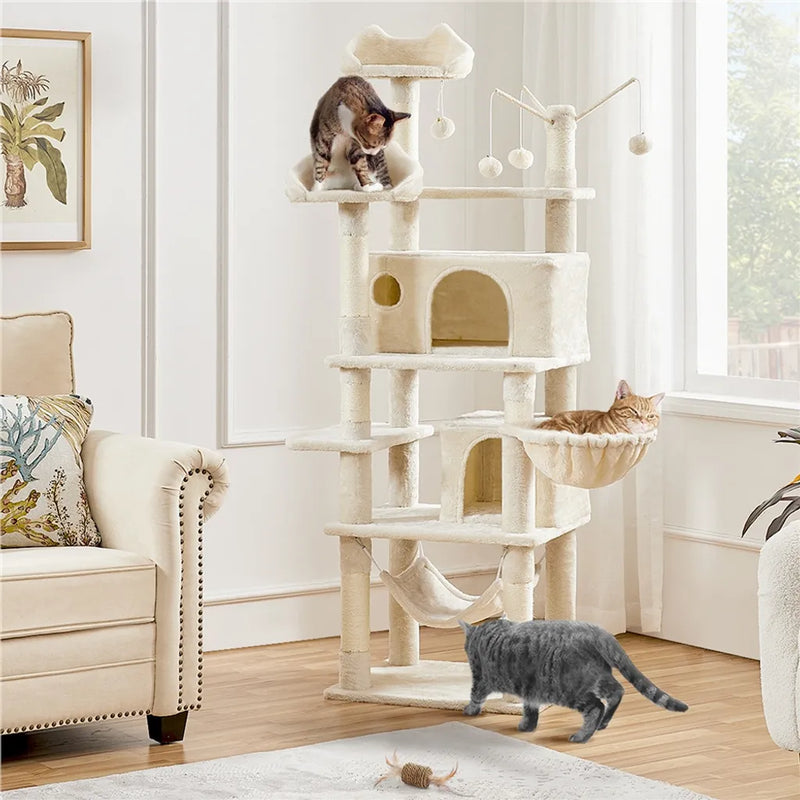Yaheetech Griffoir pour chat 170 cm de haut XL Arbre à grimper robuste pour chats - 2 plateformes d'observation - 2 enclos pour chats - Hamac - Plateforme de couchage - Beige