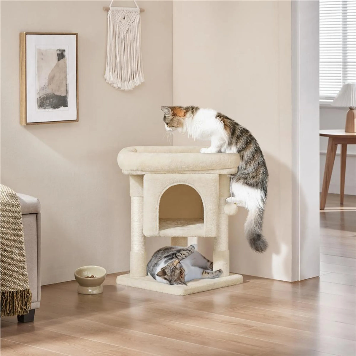 Yaheetech Cat Pole With Cat Burrow - équipé de griffoirs en sisal, d'un hamac et d'une aire de repos douce - pour chatons et petits chats - panneau de particules et peluche beige - 40,5 x 40,5 x 59 cm