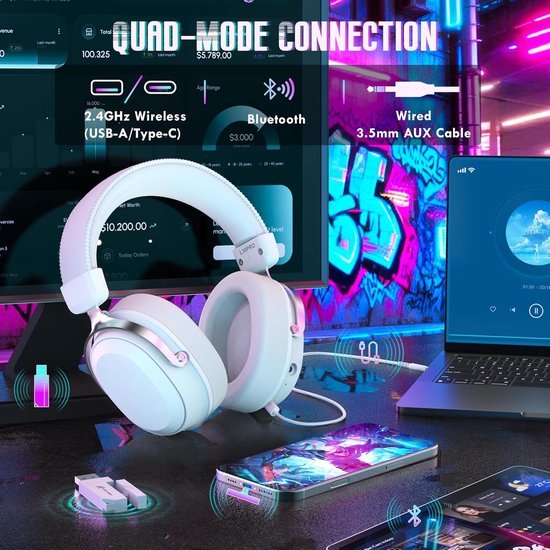 Casque de jeu sans fil ATTACK SHARK L30PRO - Son surround 7.1 - Haut-parleurs de 50 mm - Faible latence de 20 ms - Microphone amovible avec réduction du bruit - Armature en alliage d'aluminium - Connectivité tri-mode - Casque circum-auriculaire - Blanc