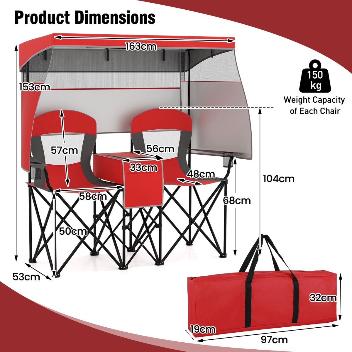 Chaise de camping double Coast - pare-soleil réglable - sac isotherme et porte-gobelets - rouge