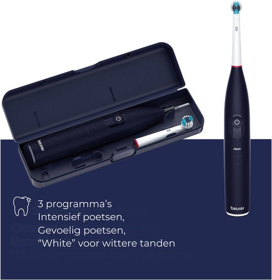 Brosse à dents électrique Beurer TB 50 - 3 programmes personnalisés : Clean, Sensitive et White - Autonomie de la batterie jusqu'à 45 jours - Livrée avec un étui de rangement, un chargeur, un adaptateur et 5 têtes de brosse - Minuterie - Testée et approuv