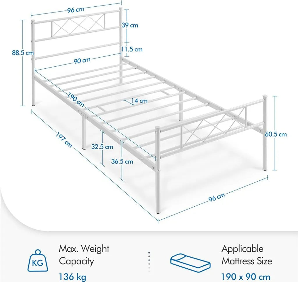 Yaheetech Cadre de lit 90 × 190 cm - Métal blanc - Lit simple avec tête de lit X-Design, sommier à lattes et espace de rangement de 32,5 cm