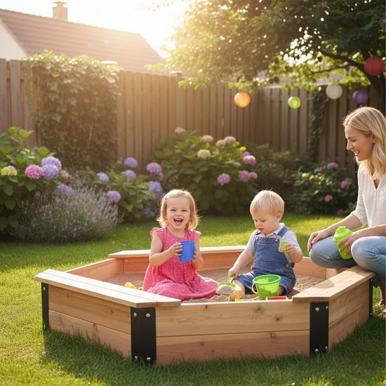 Bac à sable AXI Onno XXL 200 x 200 x 23 cm, couleur marron/anthracite – Avec bancs – Avec housse – Bois de cèdre 100 % certifié FSC – Bac à sable extra-large pour enfants