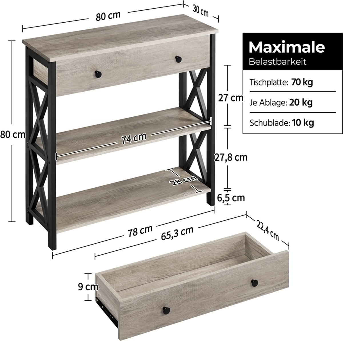 Table murale Yaheetech 80 x 29,5 cm avec tiroir coulissant et 2 étagères – Gris – MDF et métal