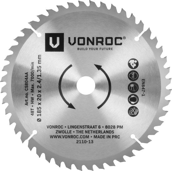 VONROC Lame de scie circulaire - 185x20mm - 48 dents - Convient pour le bois - Universelle