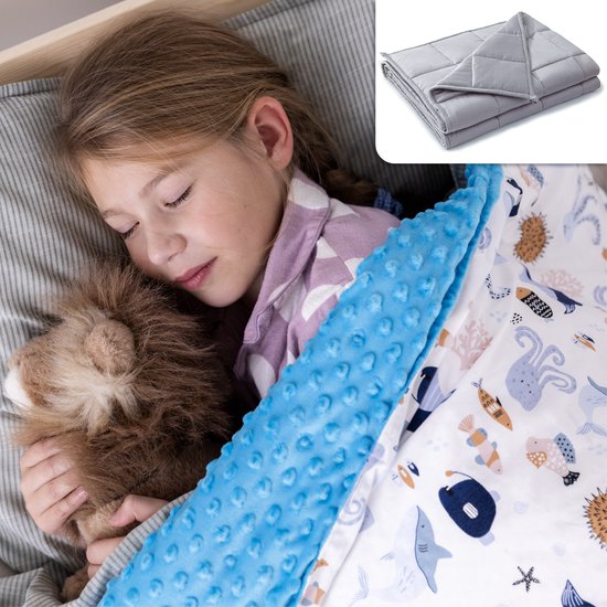 Housse de couette lestée Nevali pour enfant - Housse de couette pour enfants 100 x 150 cm - 4 saisons - Bleu Minky à pois - Couette en polaire pour enfants et bébés