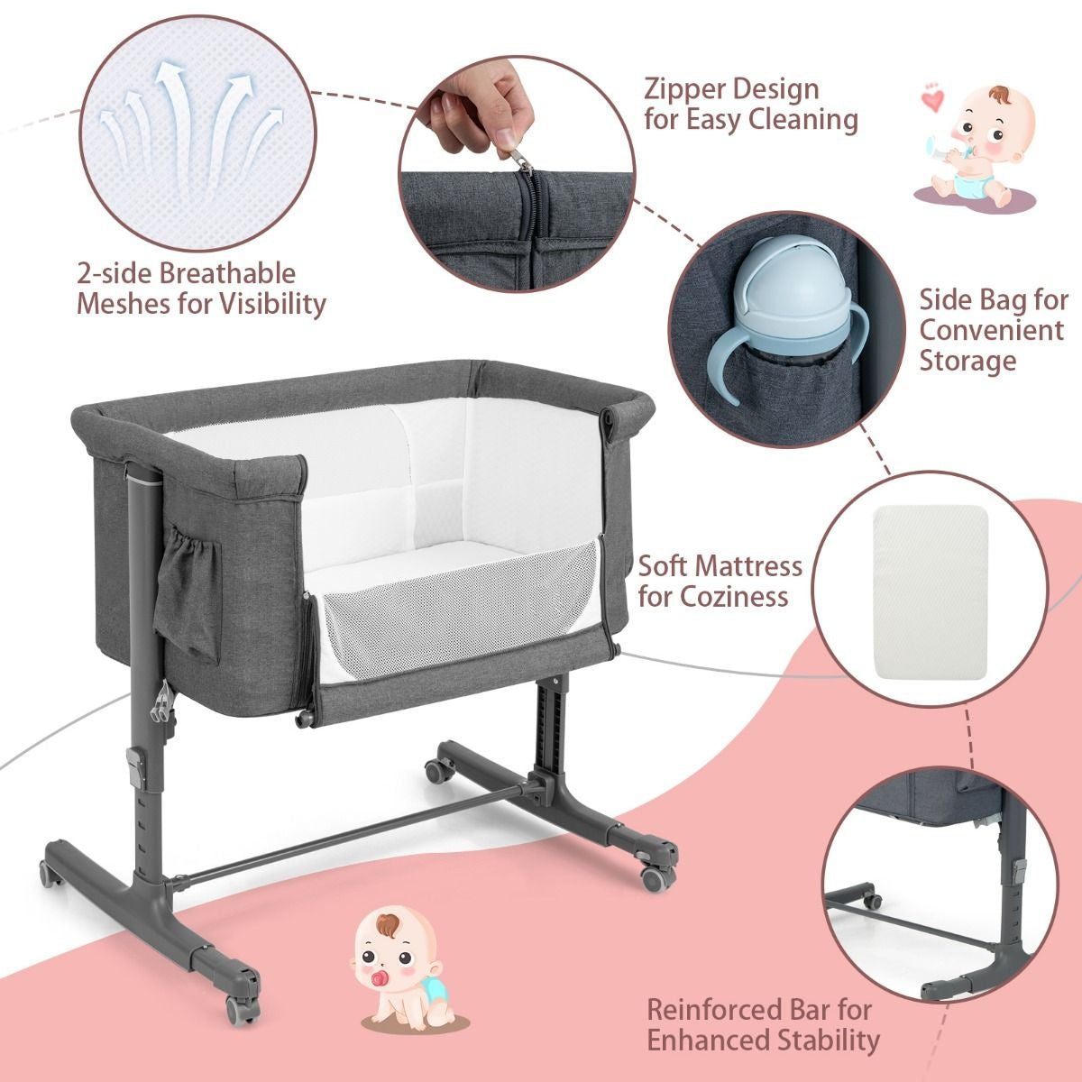 Berceau pour bébé - Coast - 5 positions - Max. 9 kg - Gris
