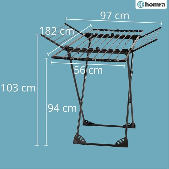 Homra étendoir à linge pliable - jusqu'à 22m de lavage - étendoir à linge pliable - étendoir à linge peu encombrant - étendoir à linge - séchage écologique du linge - 182x97x103 CM - métal noir - convient aux familles nombreuses