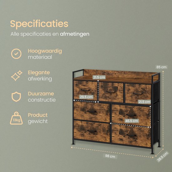 O'DADDY® Meuble de rangement - Buffet - Commode - Industriel - 7 Tiroirs - Commode - 28,5 x 98 x 85 cm - Vintage Brown/Black