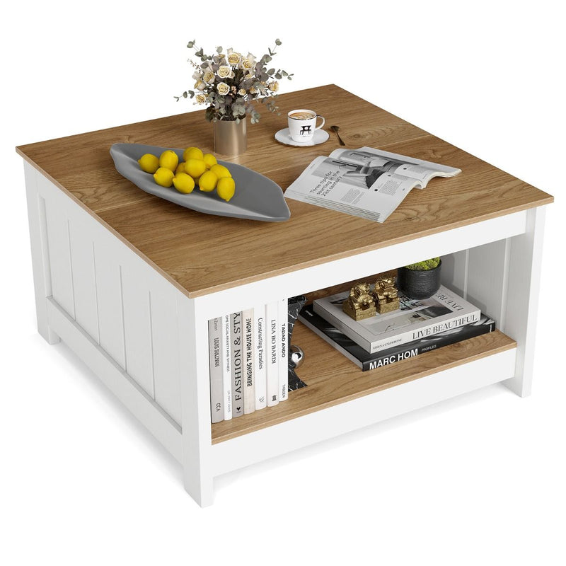 Table basse Coast en bois - 2 niveaux - Espace de rangement - Naturel et blanc - 80 x 80 x 45 cm