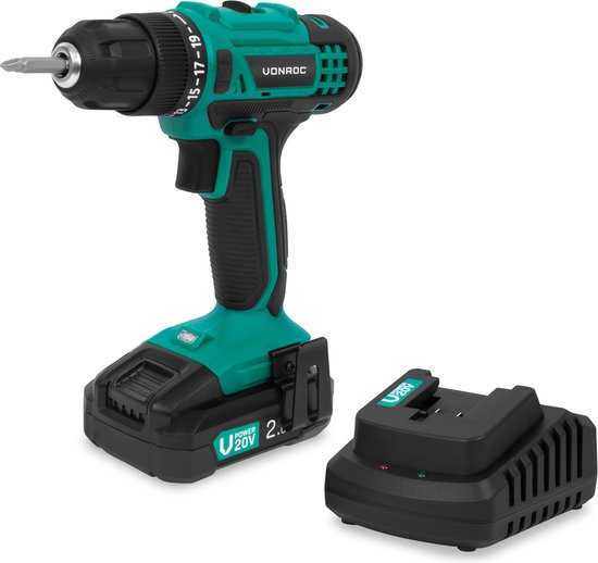 VONROC Perceuse sans fil 20V - 19 positions de vissage + position de perçage - 2 embouts inclus - Batterie 2.0Ah et chargeur rapide inclus