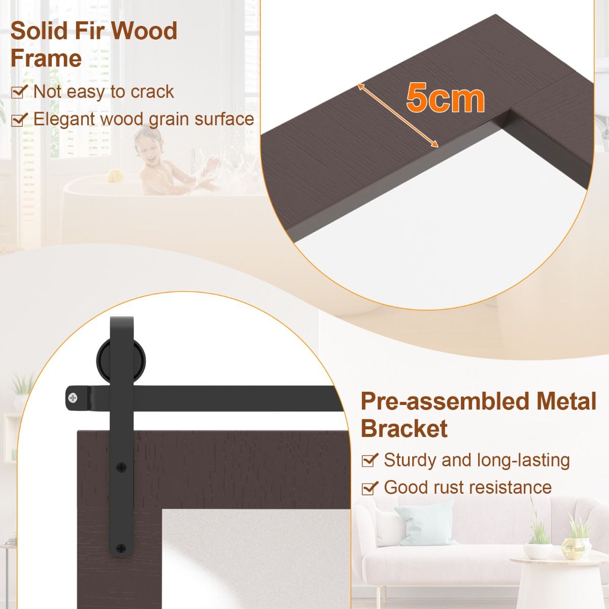 Miroir mural Coast - cadre rectangulaire en bois massif - verre incassable - marron foncé 100 x 66 cm