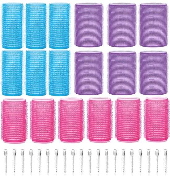 Set 18 Bigoudis Sans Chaleur  Soft & Silky – 3 Tailles, Boucles Parfaites en 60 Min – 18 Pinces Incluses - Bleu/Rose