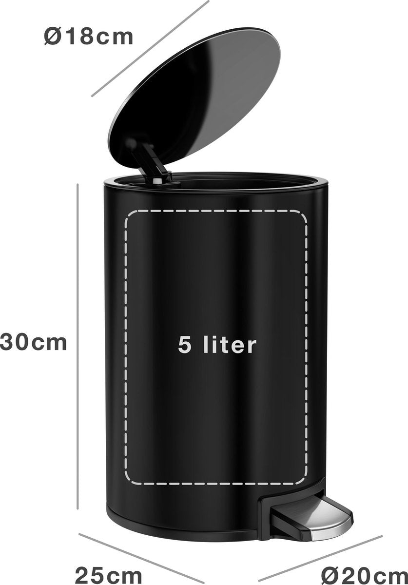 RodVollby Kallax Pedal Bin - 5 Liter - Stainless Steel - Black - Trash Bin - Toilette - Salle de bain - Petit - Soft Close Lid