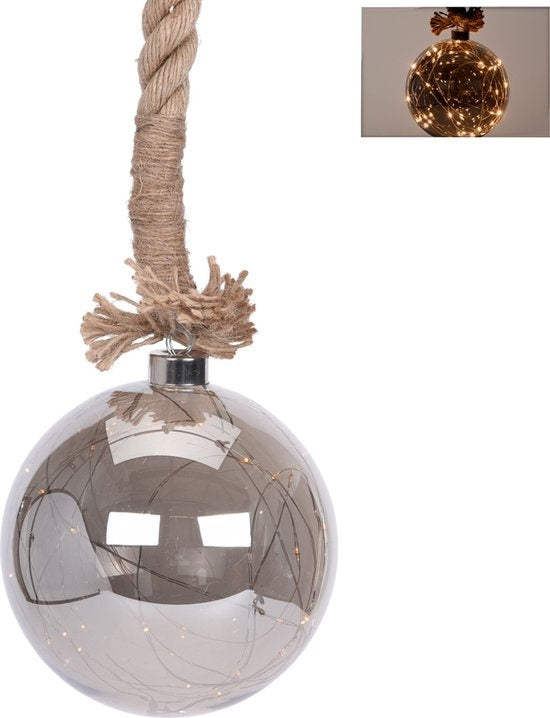 Boule en verre avec 30 LED - 15cm - corde de jute 100cm