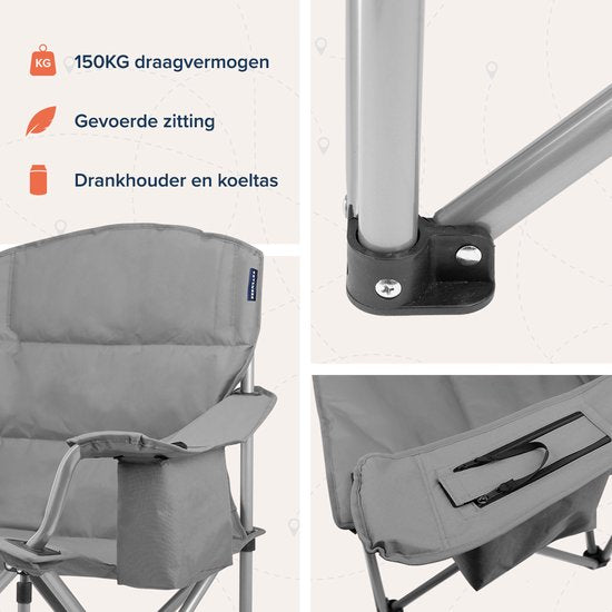 TRVLMORE Chaises de camping - Pliables - 2 pièces - Chaises pliantes - Capacité de charge de 150 kg - Porte-boissons - Compartiment réfrigérant - Poche latérale - Gris