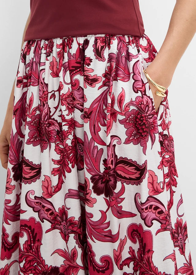 Jupe longue Bonprix en mélange de viscose souple - Coupe classique - Motifs floraux rouge érable/blanc laine