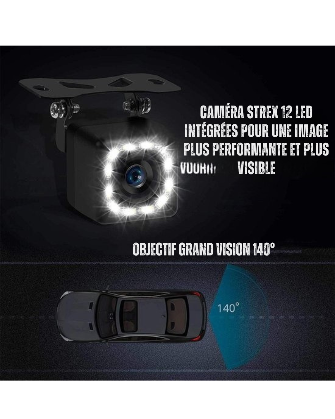 Caméra de recul Strex - RCA universel - Vision nocturne 12 LED - Étanchéité IP68 - voiture - noir