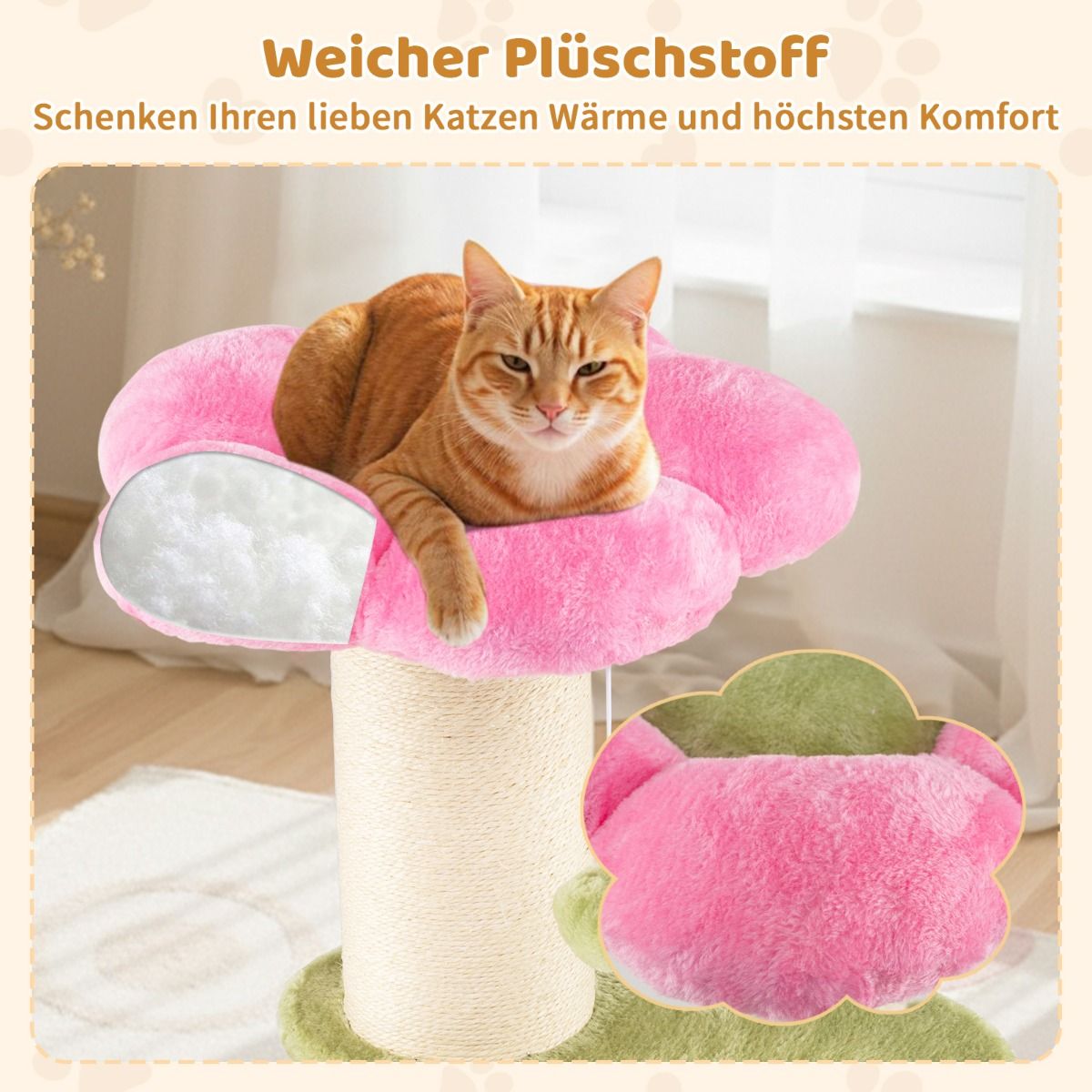 Arbre à chat Coast - 3 étages - avec coin repos en peluche et plateformes fleuries - rose - 69 cm