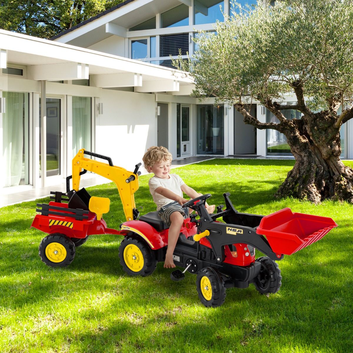 Tracteur pour enfants Coast - Pelleteuse 3-en-1 avec remorque amovible - 6 roues - rouge