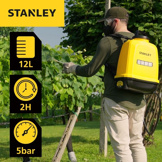 Pulvérisateur à pression Stanley 12 L arrière, pulvérisateur arrière jardin, pulvérisateur à pression, électrique, batterie rechargeable lithium, lance télescopique, buse réglable, autonomie 2 h, max 5 bar, 0.60 l/minute, jaune/noir