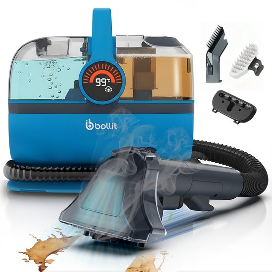 BOLLIT Nettoyeur de tapis 4-en-1 XL 1800 W Ultra - Nettoyeur à vapeur et détachant - Vapeur à 100 °C - Nettoyeur de canapés - Nettoyeur de meubles - Nettoyeur à vapeur portatif - Nettoyeur de matelas - Nettoyeur de fauteuils - Nettoyeur pour voiture, cana