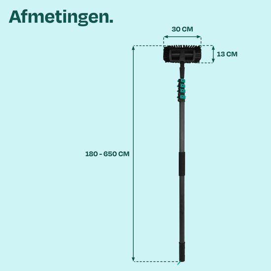 Brosse de lavage télescopique VONROC PRO 3K entièrement en carbone – 6,5 m - Avec tête de brosse à 5 pans, tuyau d'arrosage de 9 m et distributeur de savon