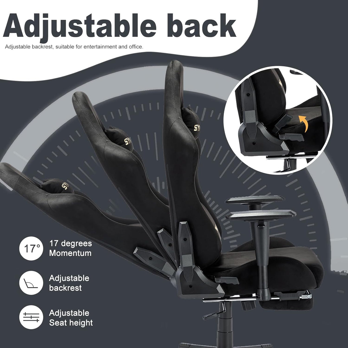 Fauteuil gaming Symino en tissu doux avec repose-pieds, noir