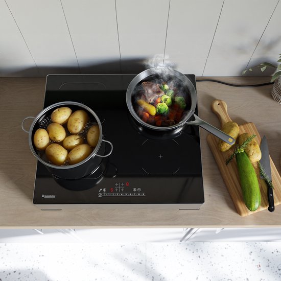 Plaque de cuisson à induction KitchenBrothers  - Plaque de cuisson à induction autoportante - 60 cm - 4 zones - 1x Flexzone - 1 phase - Jusqu'à 3500W - Argent/RVS