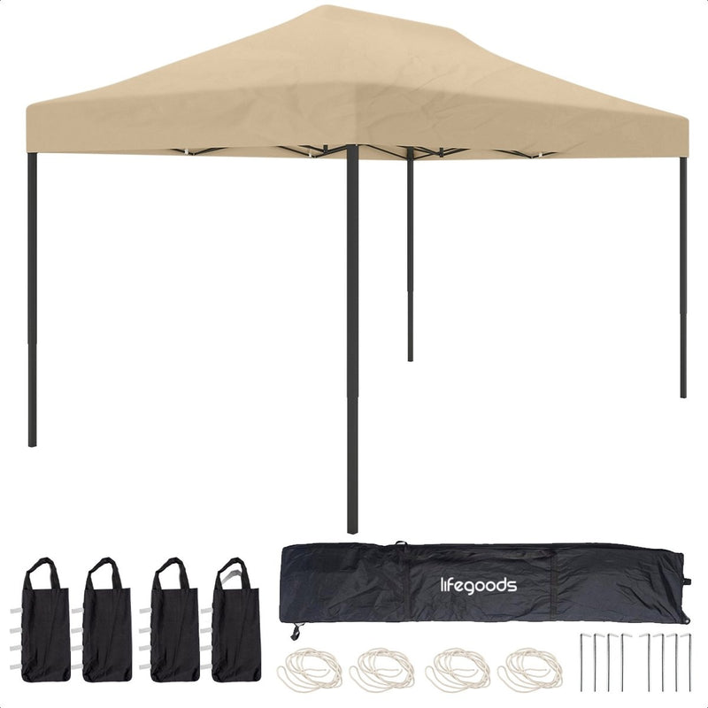 Tente de réception LifeGoods, Pavillon, 3,0 x 4,5 m, facile à monter, pliable, étanche, Sac de transport avec roulettes, Beige