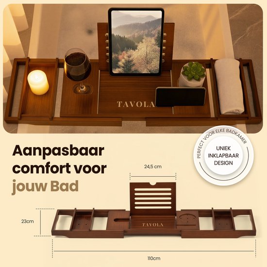Tavola - Planche de bain - Planche pour la baignoire - Bambou - Réglable et extensible - Support de bain - Support de bain en bambou - Marron