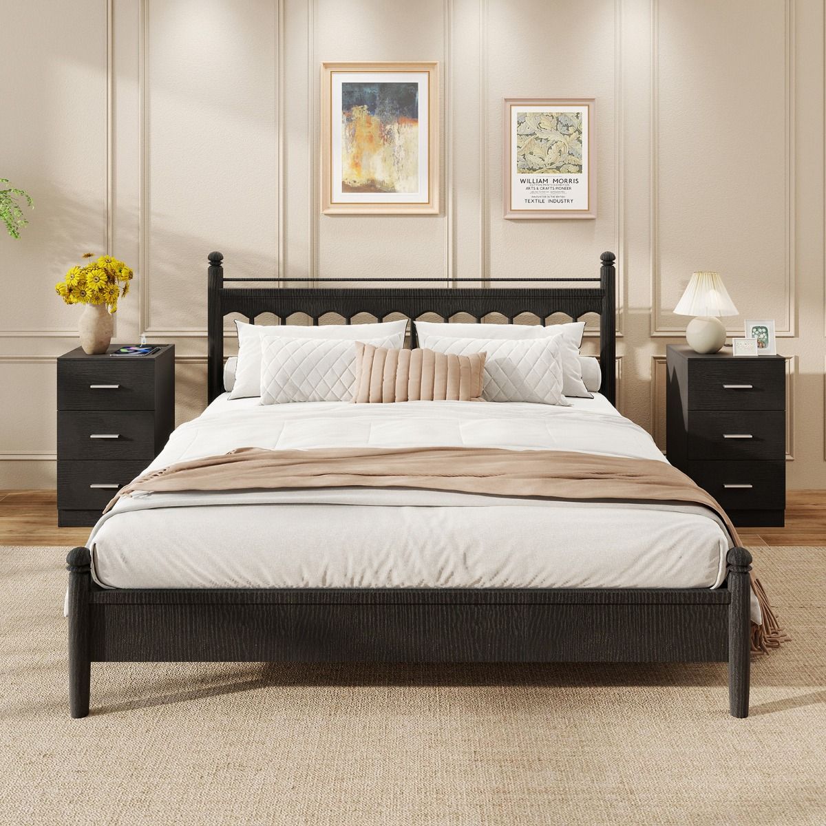 Table de chevet Coast avec station de recharge - 3 tiroirs - Finition bois - Blanc/Noir - 38 x 35 x 66 cm
