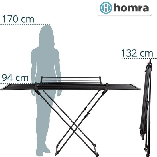 Homra étendoir à linge pliable - jusqu'à 22m de lavage - étendoir à linge pliable - étendoir à linge peu encombrant - étendoir à linge - séchage écologique du linge - 182x97x103 CM - métal noir - convient aux familles nombreuses