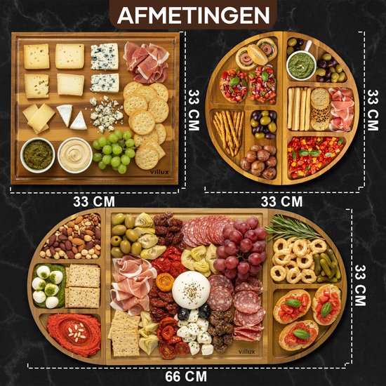 Plateau à tapas Villux - Plateau apéritif - Plateau de service - Plateau à fromages - Plateau à amuse-bouches - Plateau à tapas en acacia - Plateau apéritif magnétique - E-book inclus - 66 cm