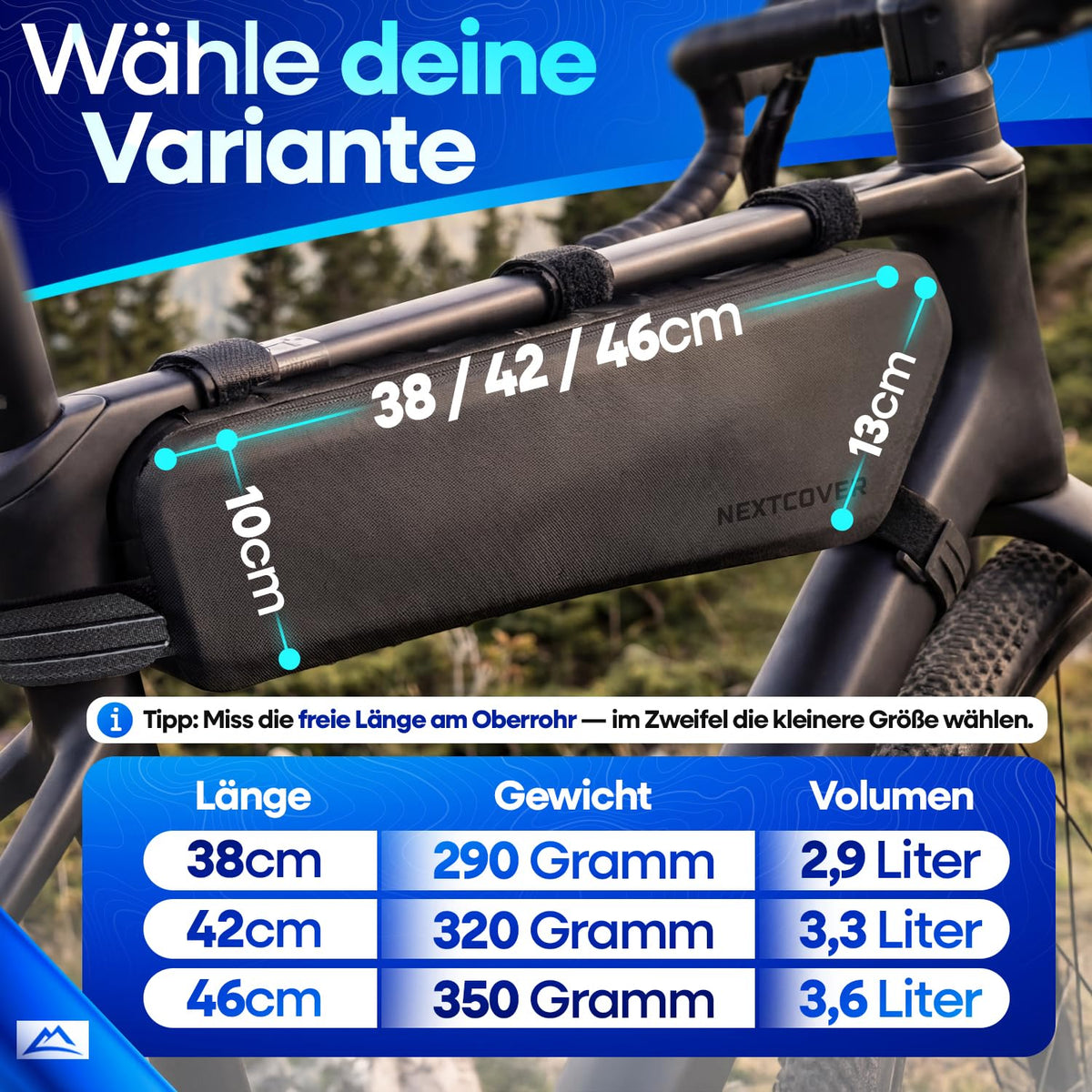Sac de cadre Nextcover pour bikepacking 38 cm - sac de vélo pour cadre et tube diagonal - 100 % imperméable AquaShield TPU