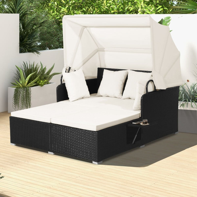 Transat Coast Rotan pour 2 personnes - Avec auvent et tables latérales rabattables - Noir 165 x 153 x 138 cm