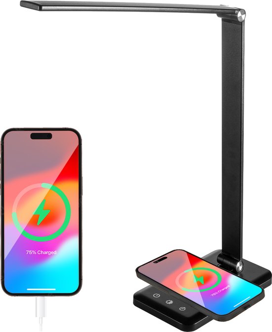 Lampe de bureau Auronic - LED - Chargement mobile USB et sans fil - Minuteur - Lampe à pince dimmable - Lumière blanche et chaude - Noir