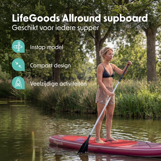 LifeGoods SUP Board All-round Compact - avec siège - capacité de charge de 100 KG - 300 x 76 cm - gonflable - ensemble complet de SUP - rouge/lilas