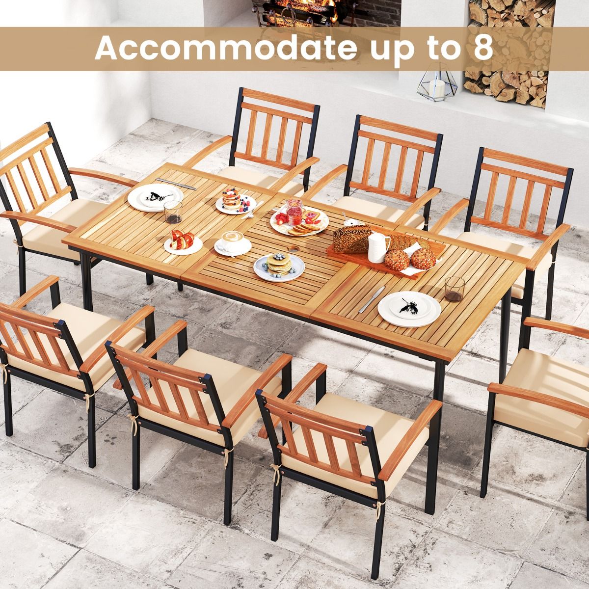 Table de jardin Coast pour 8 personnes - bois d'acacia avec pieds en métal - trou pour parasol de 5 cm - couleur naturelle et noire - 200 x 90 cm