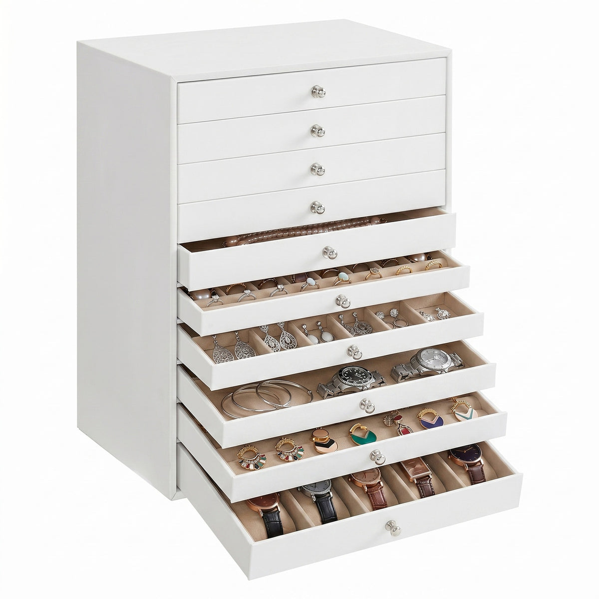 JOYFURNOS Organiseur à bijoux avec tiroirs, grande boîte de rangement, idée cadeau moderne pour la chambre à coucher, 10 étages, blanc