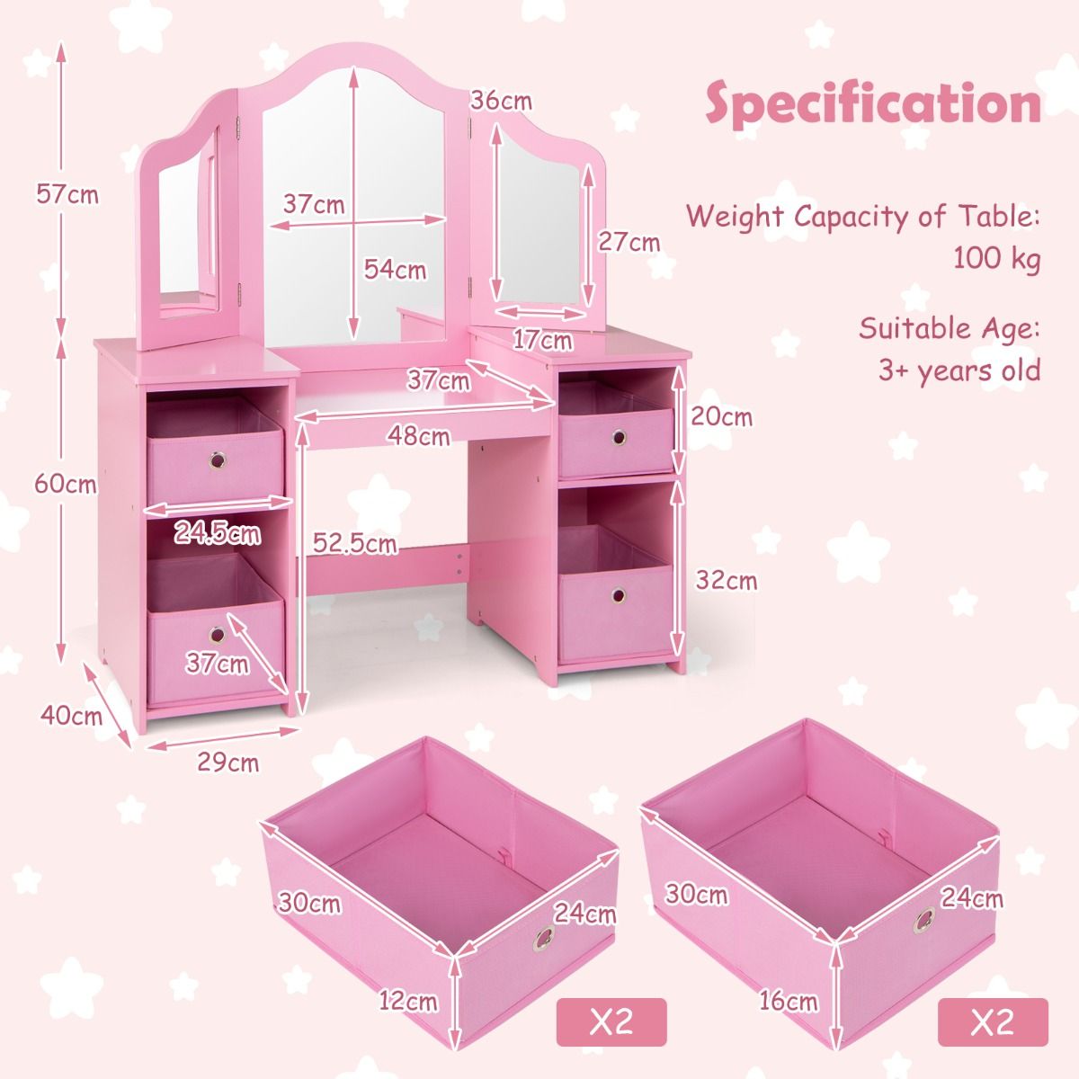 Coast : coiffeuse et bureau pour enfant - Miroir amovible à trois faces - Avec bacs de rangement - Rose
